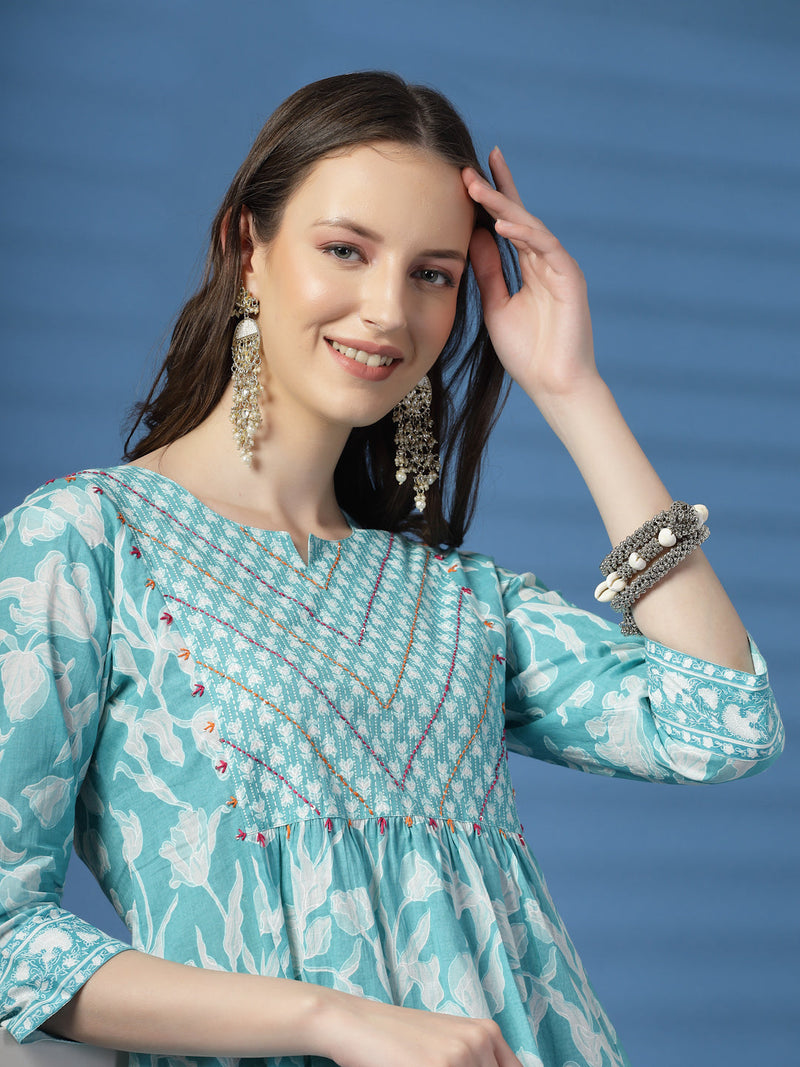 Women Sky Blue A-Line Dress with Handwork Detailing