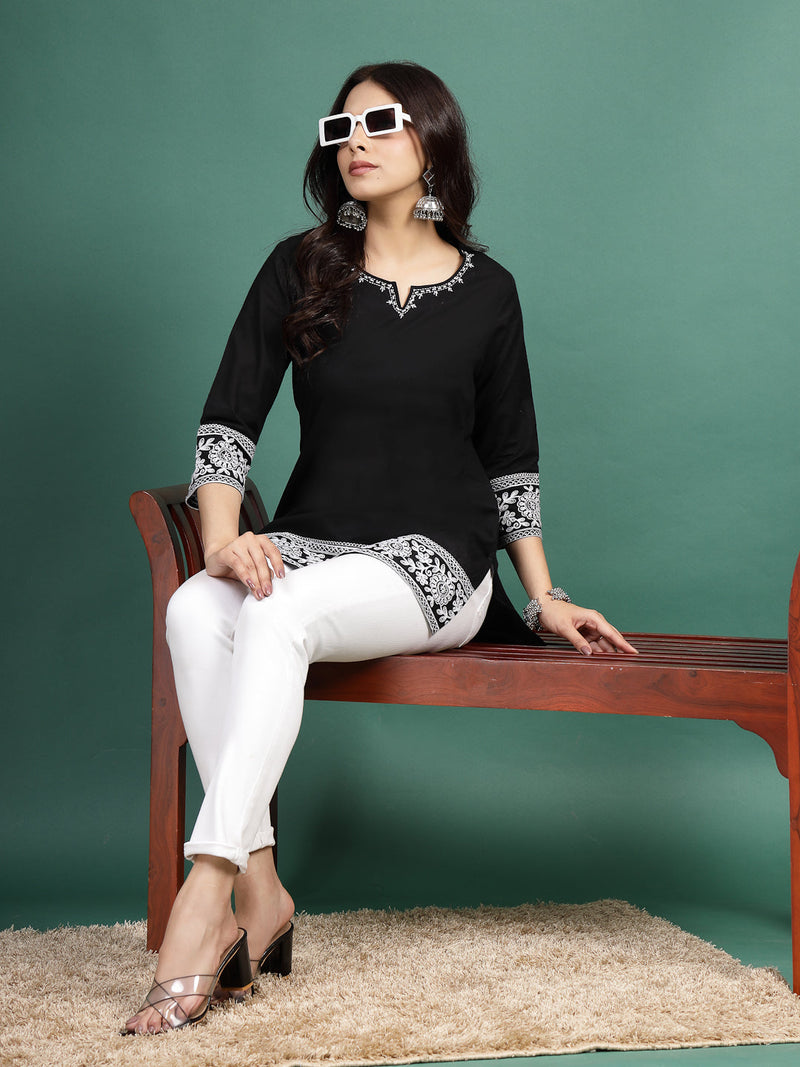 Women Balck Embroidered Cotton Notch Neck Short Kurti