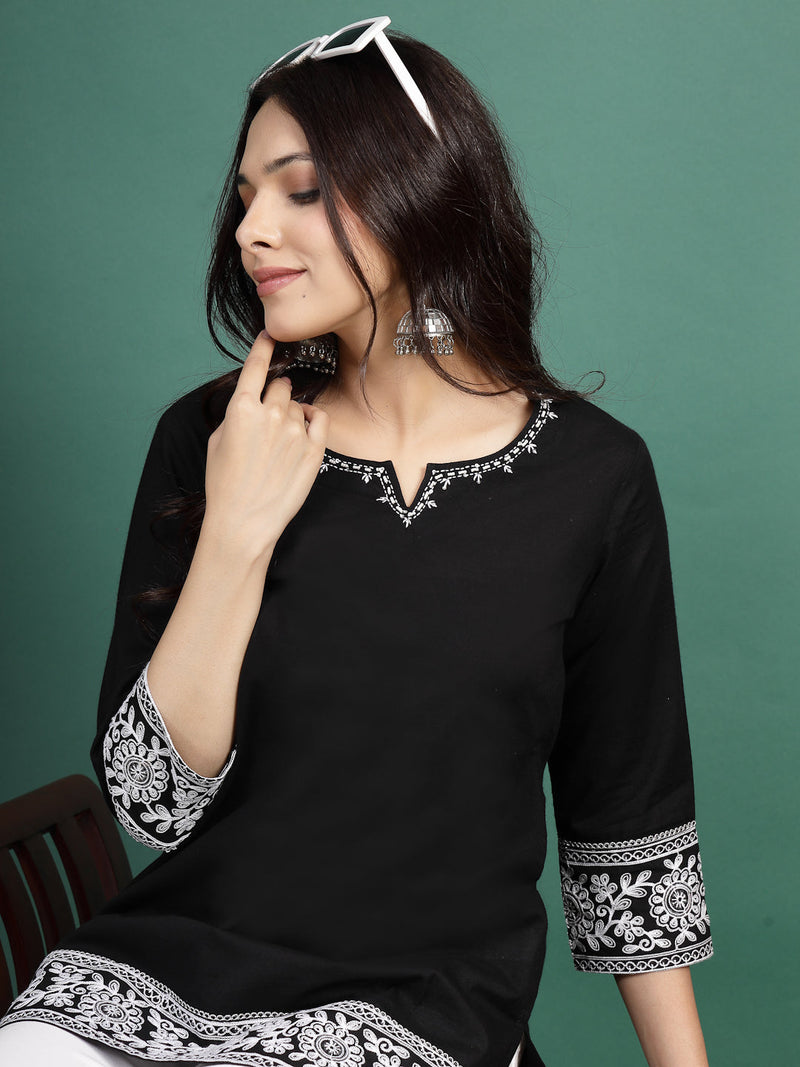 Women Balck Embroidered Cotton Notch Neck Short Kurti