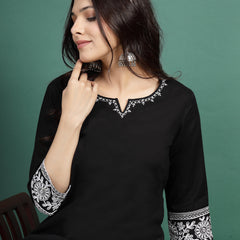 Women Balck Embroidered Cotton Notch Neck Short Kurti