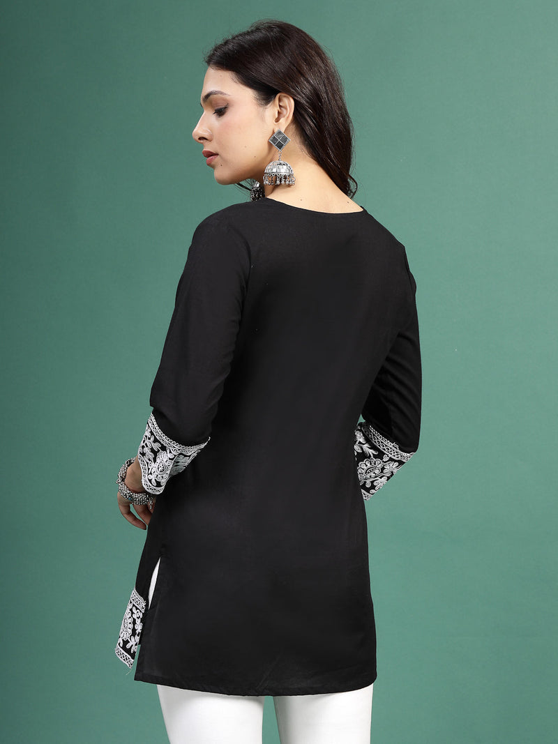 Women Balck Embroidered Cotton Notch Neck Short Kurti