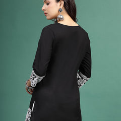 Women Balck Embroidered Cotton Notch Neck Short Kurti