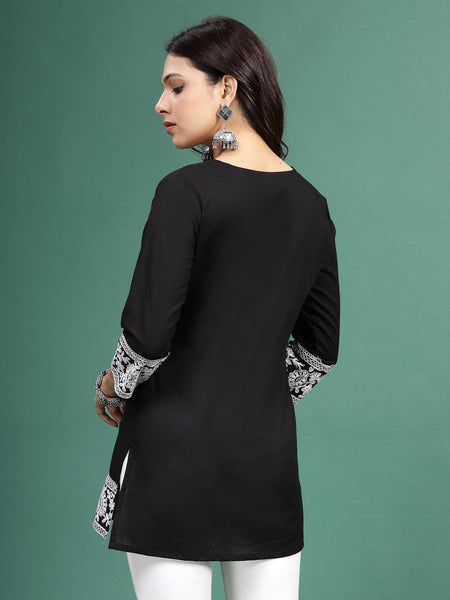 Women Balck Embroidered Cotton Notch Neck Short Kurti
