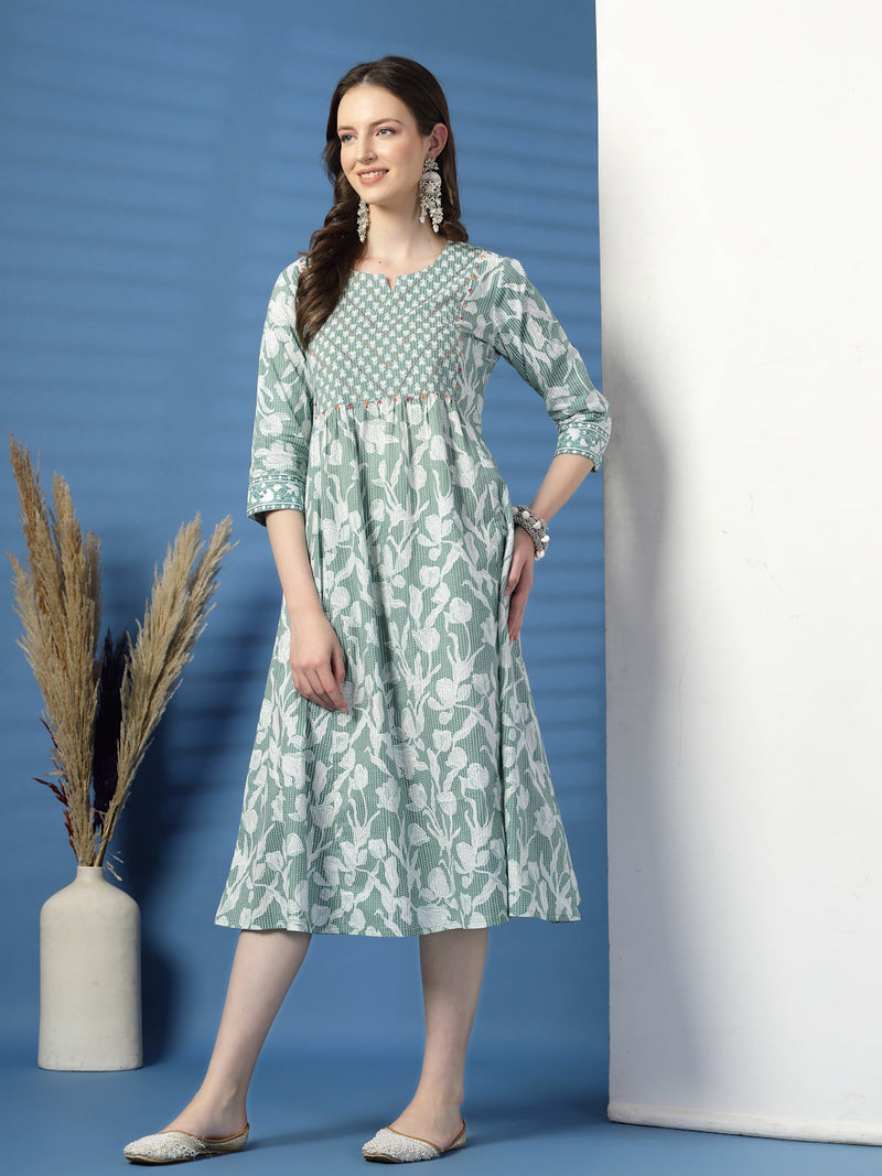 Women Green Floral Printed Sequinned Kurta