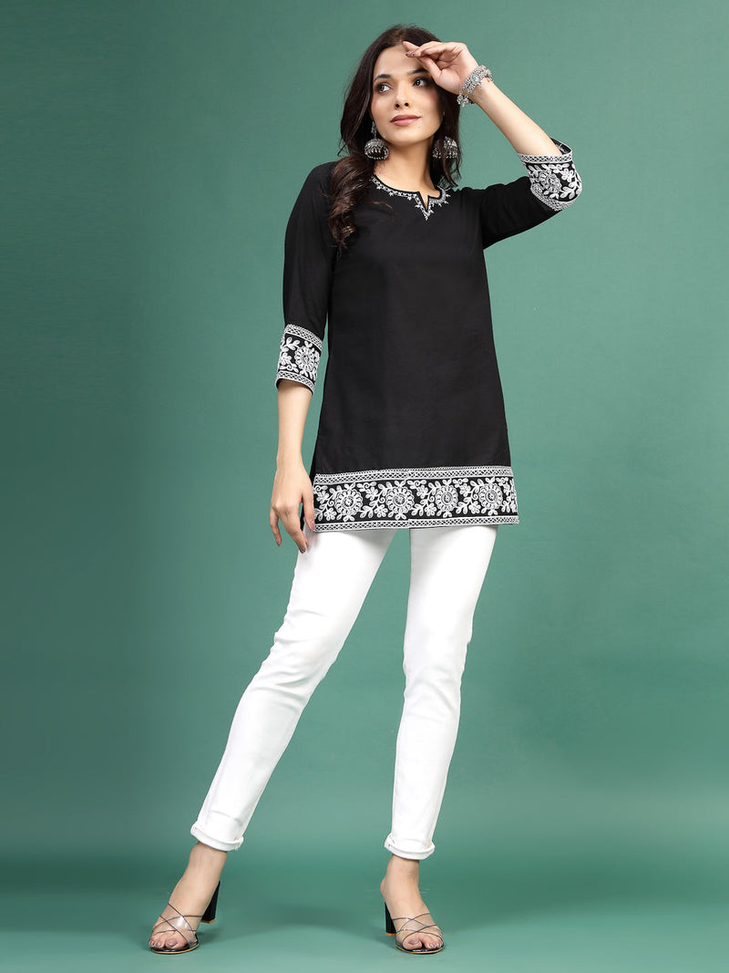 Women Balck Embroidered Cotton Notch Neck Short Kurti