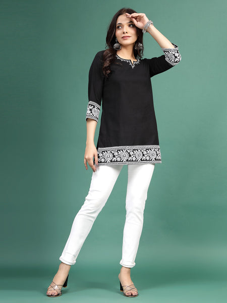 Women Balck Embroidered Cotton Notch Neck Short Kurti