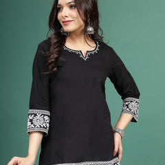 Women Balck Embroidered Cotton Notch Neck Short Kurti