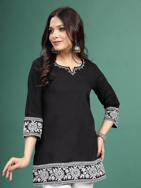 Women Balck Embroidered Cotton Notch Neck Short Kurti