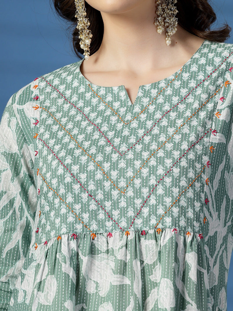 Women Green Floral Printed Sequinned Kurta