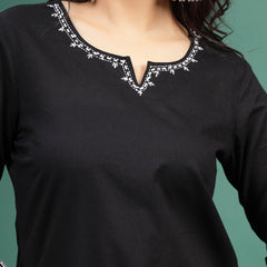 Women Balck Embroidered Cotton Notch Neck Short Kurti