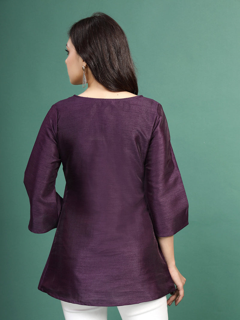 Women Wine Color Floral Embroidered Pleated Top