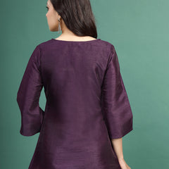 Women Wine Color Floral Embroidered Pleated Top