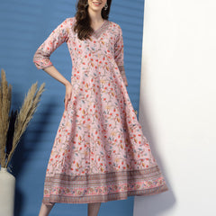 Elegant Pink Anarkali Dress with Printed & Threadwork Detailing