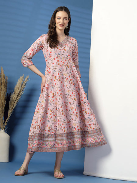 Elegant Pink Anarkali Dress with Printed & Threadwork Detailing