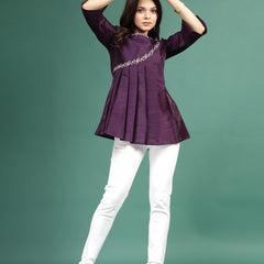 Women Wine Color Floral Embroidered Pleated Top