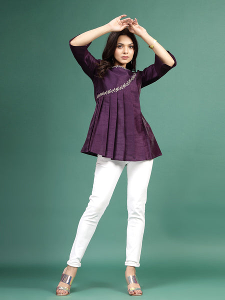 Women Wine Color Floral Embroidered Pleated Top