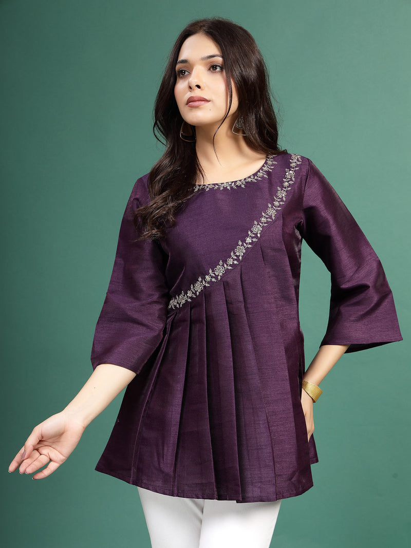 Women Wine Color Floral Embroidered Pleated Top