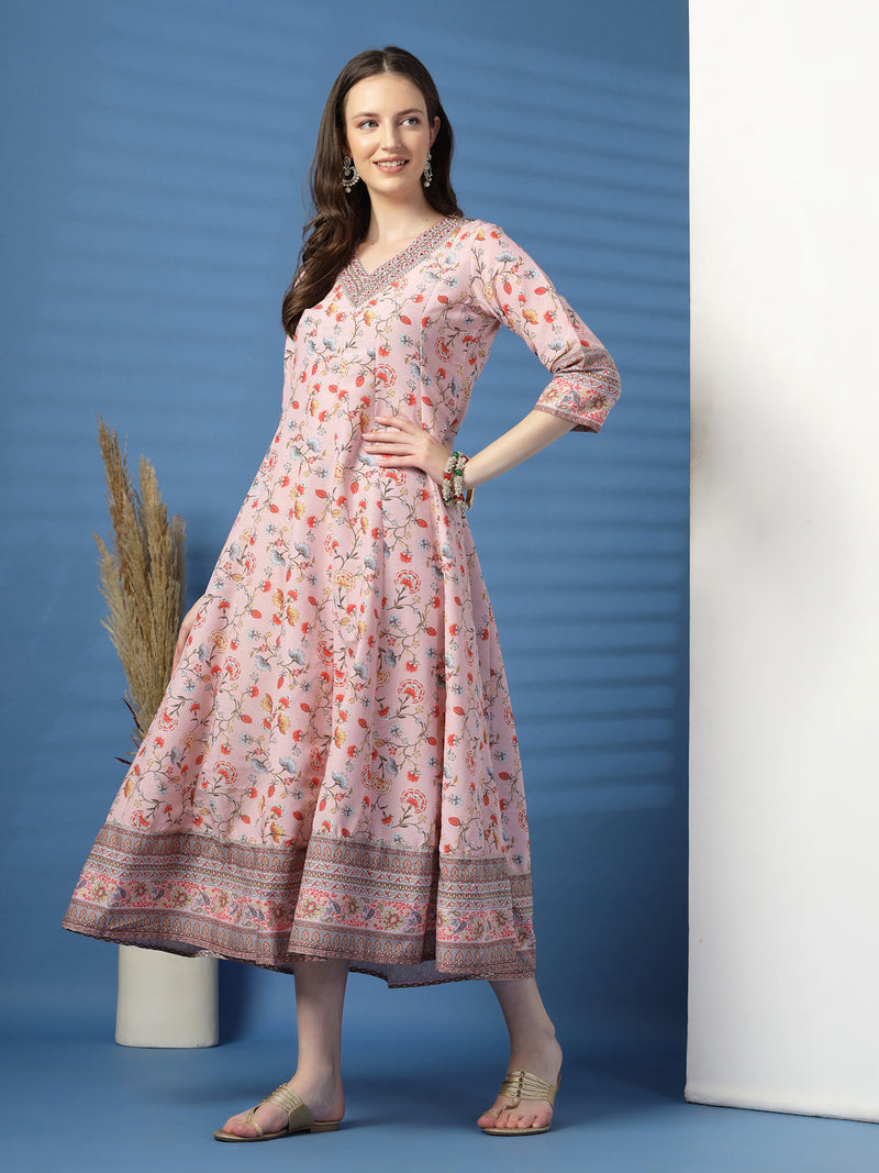 Elegant Pink Anarkali Dress with Printed & Threadwork Detailing