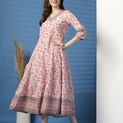 Elegant Pink Anarkali Dress with Printed & Threadwork Detailing