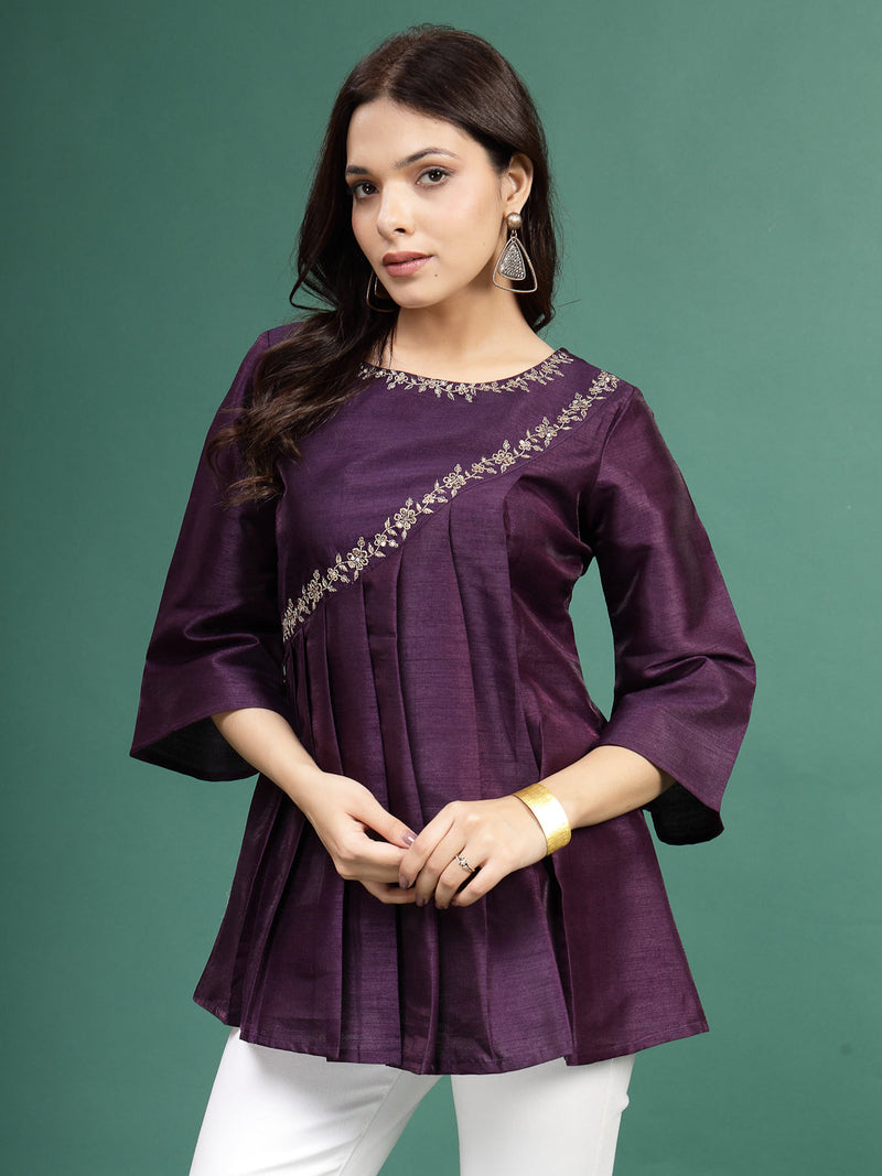 Women Wine Color Floral Embroidered Pleated Top