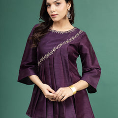 Women Wine Color Floral Embroidered Pleated Top