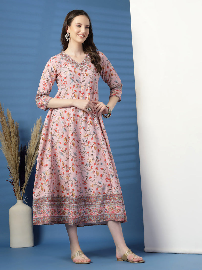 Elegant Pink Anarkali Dress with Printed & Threadwork Detailing