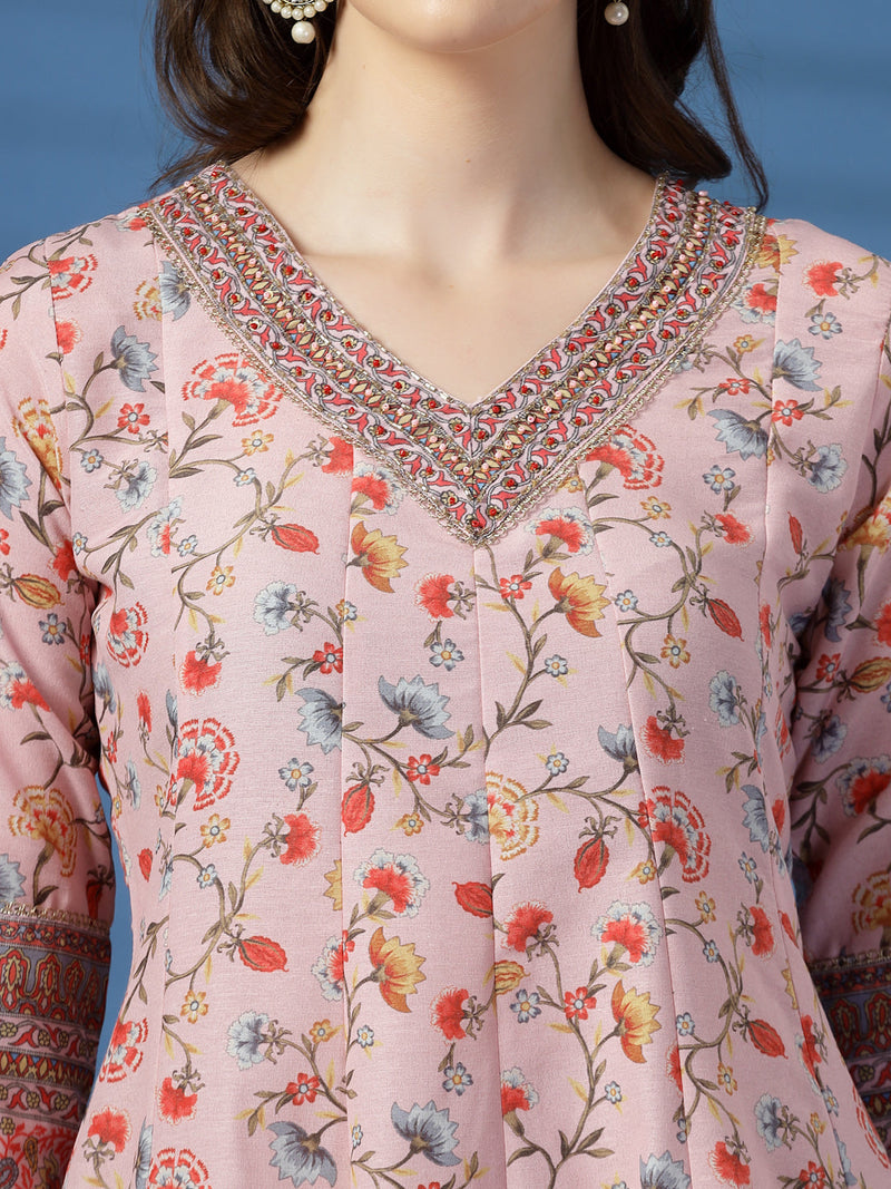 Elegant Pink Anarkali Dress with Printed & Threadwork Detailing