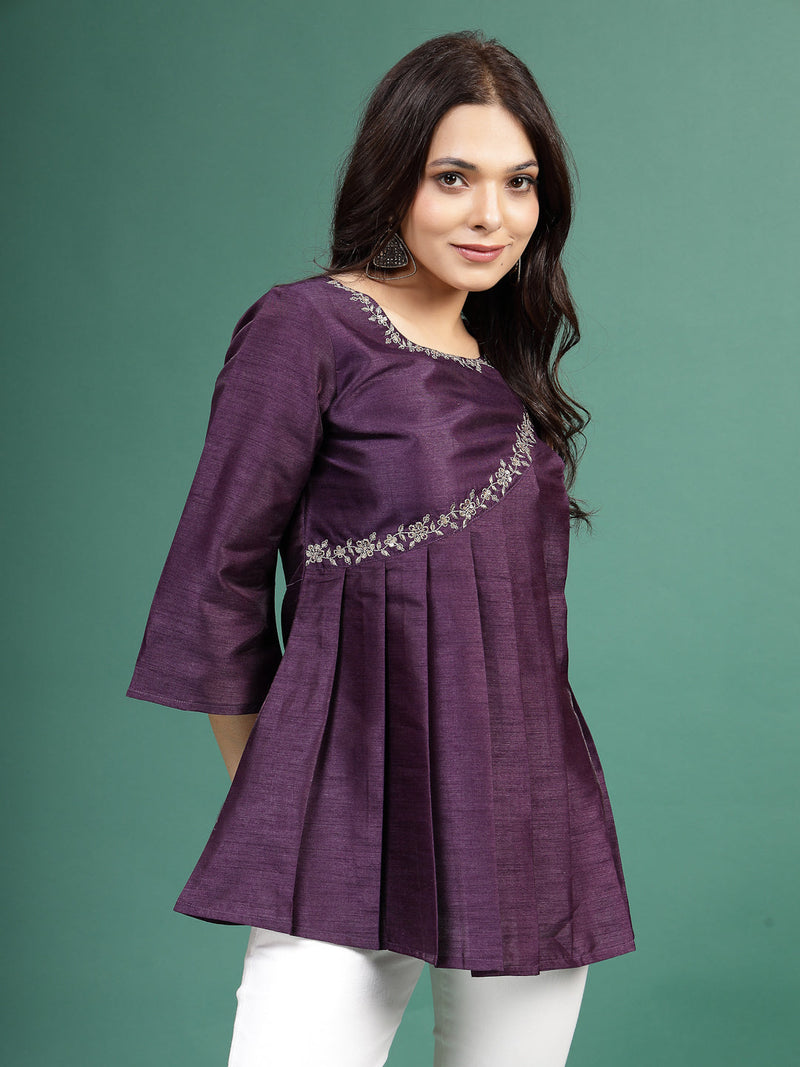 Women Wine Color Floral Embroidered Pleated Top