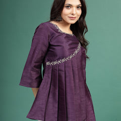 Women Wine Color Floral Embroidered Pleated Top