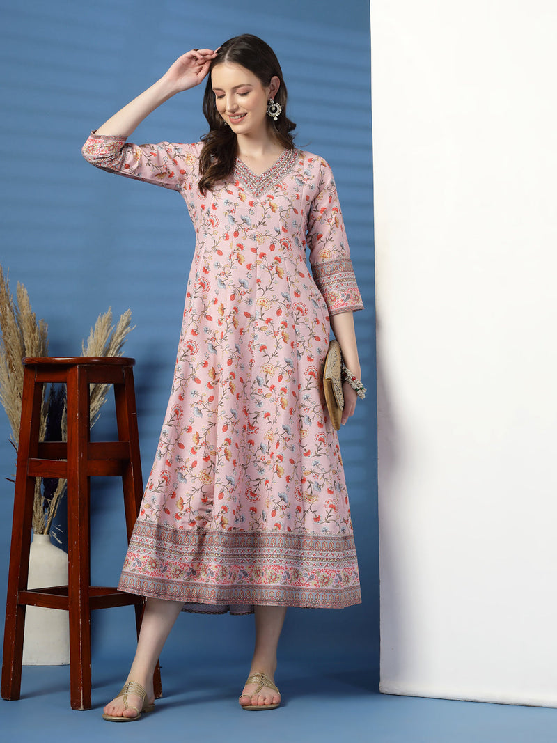 Elegant Pink Anarkali Dress with Printed & Threadwork Detailing