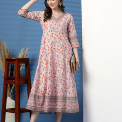 Elegant Pink Anarkali Dress with Printed & Threadwork Detailing