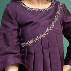 Women Wine Color Floral Embroidered Pleated Top