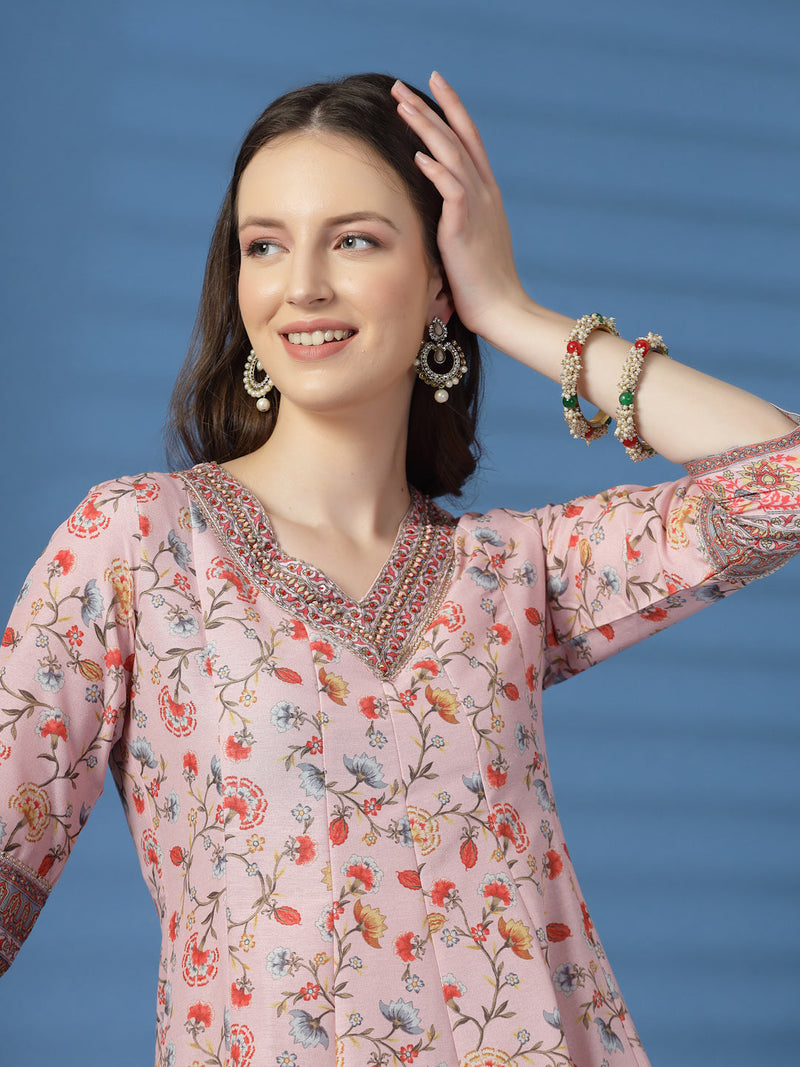 Elegant Pink Anarkali Dress with Printed & Threadwork Detailing