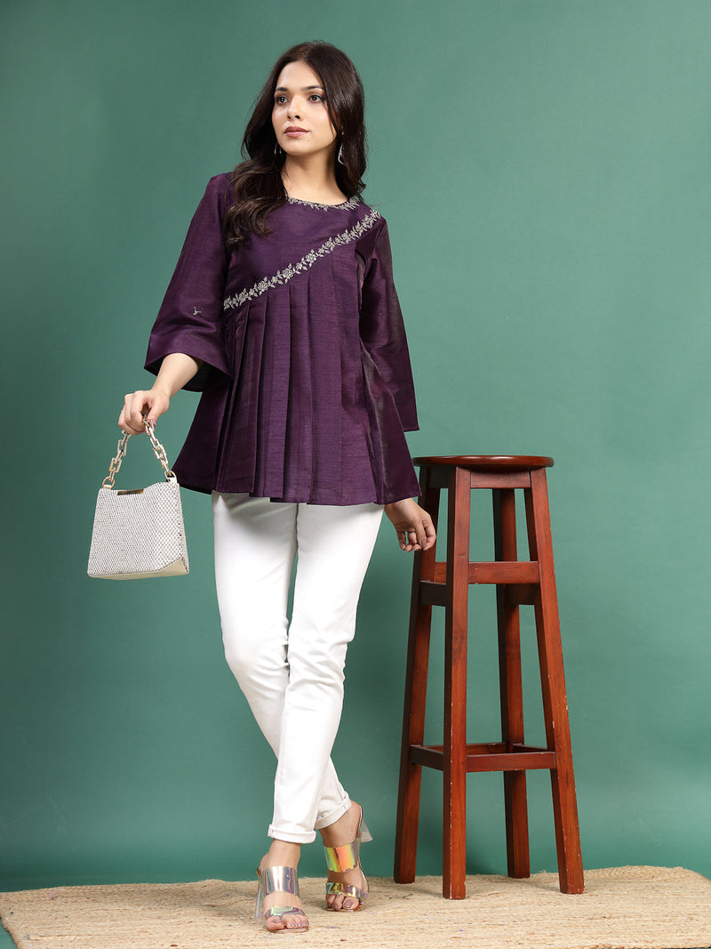 Women Wine Color Floral Embroidered Pleated Top