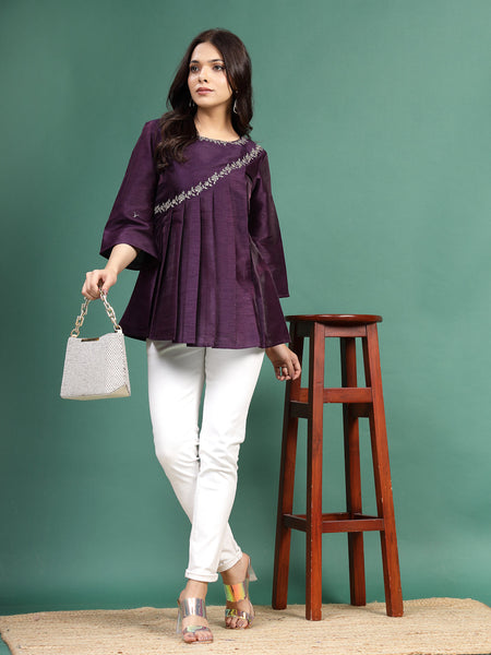 Women Wine Color Floral Embroidered Pleated Top