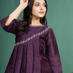 Women Wine Color Floral Embroidered Pleated Top