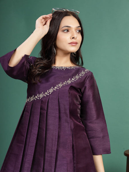 Women Wine Color Floral Embroidered Pleated Top