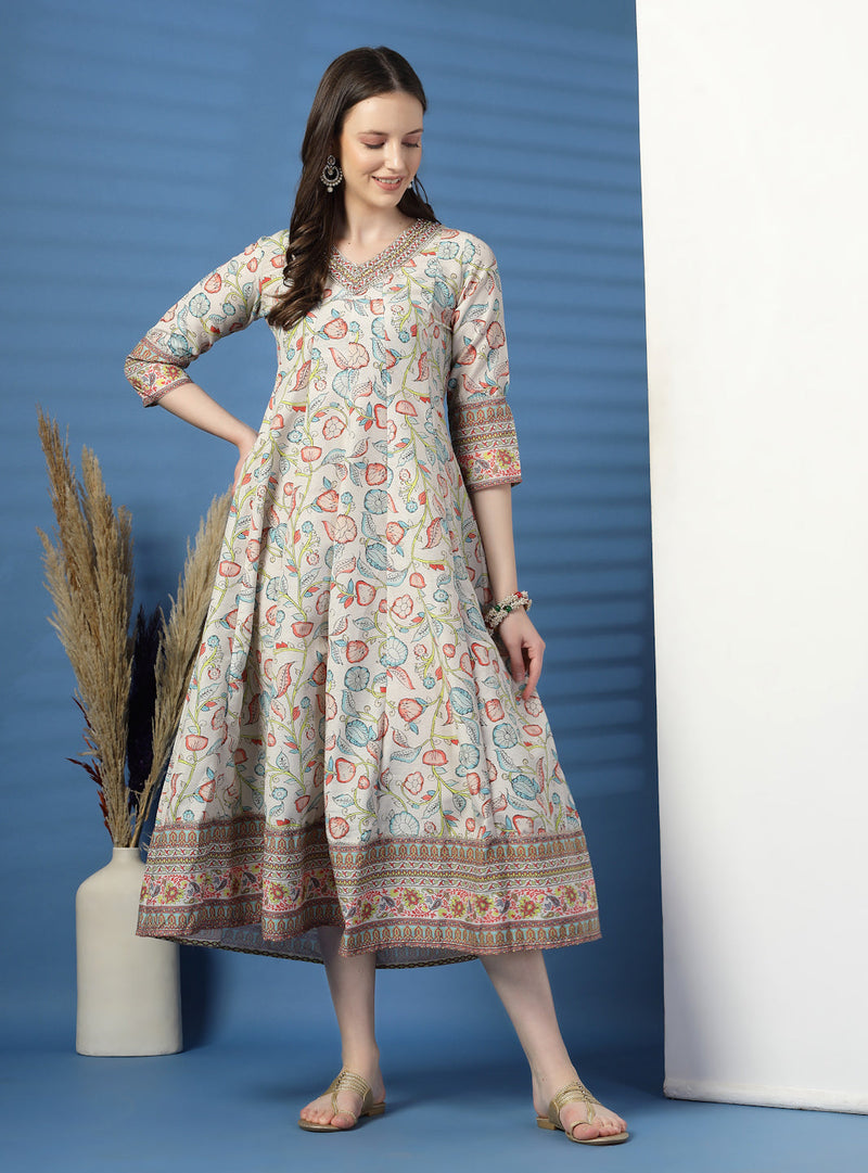 Women Beige Color Printed Anarkali Kurta