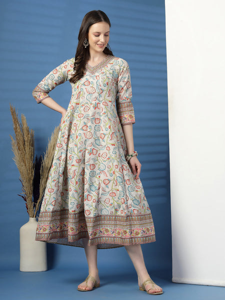 Women Beige Color Printed Anarkali Kurta