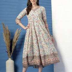 Women Beige Color Printed Anarkali Kurta