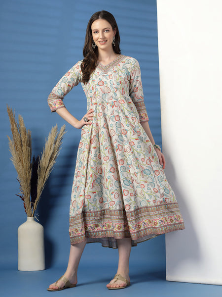 Women Beige Color Printed Anarkali Kurta