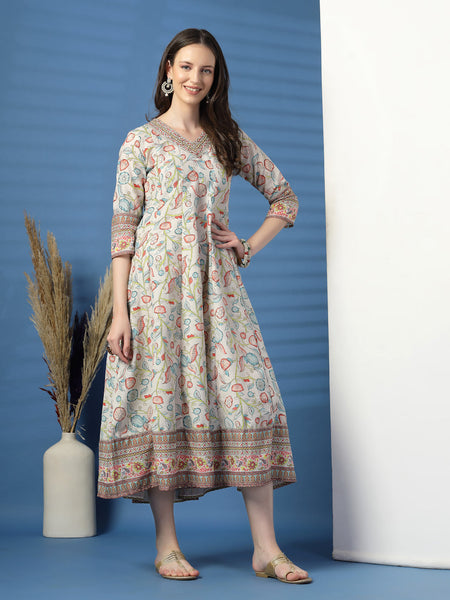 Women Beige Color Printed Anarkali Kurta