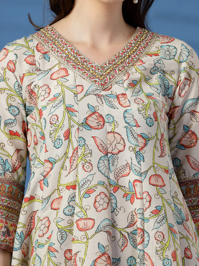 Women Beige Color Printed Anarkali Kurta