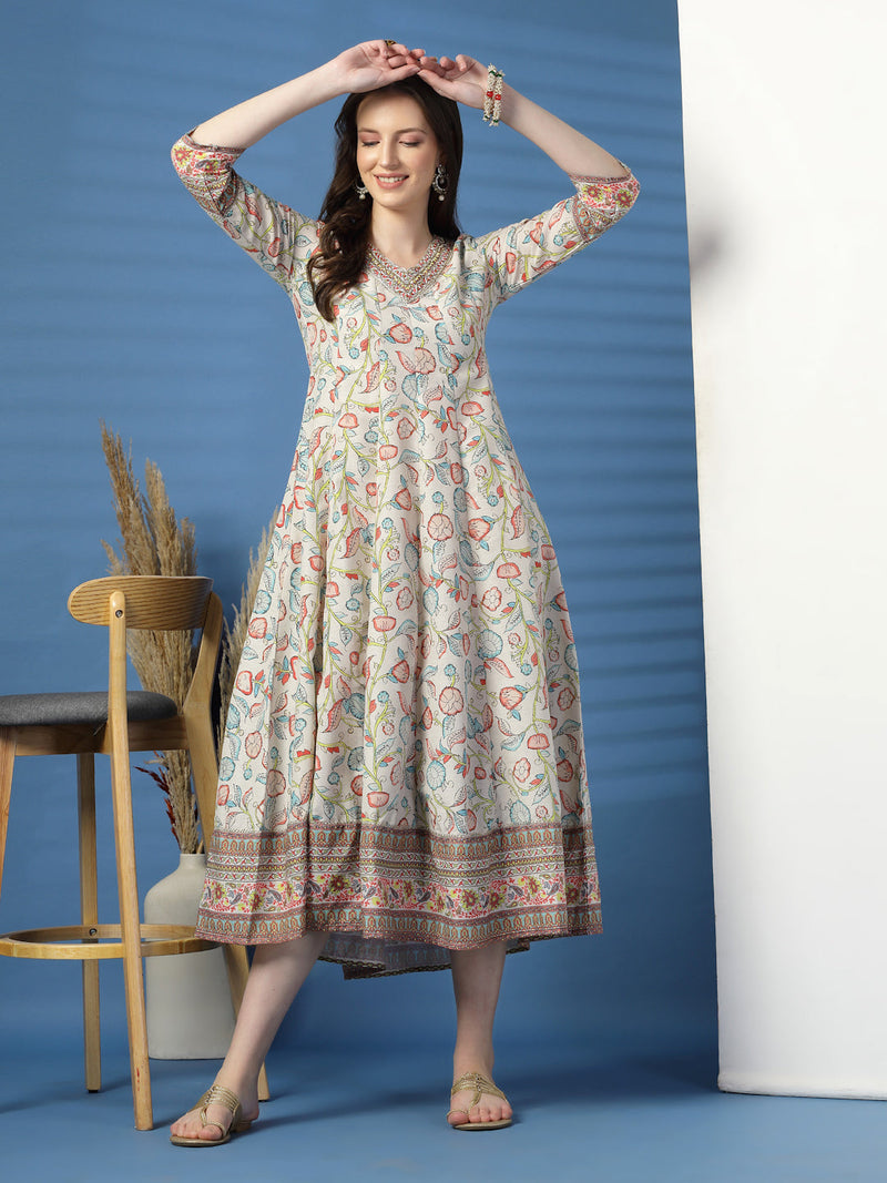 Women Beige Color Printed Anarkali Kurta