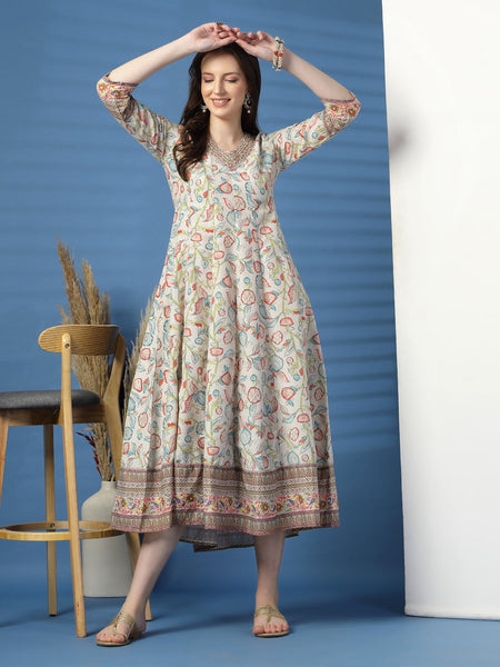 Women Beige Color Printed Anarkali Kurta