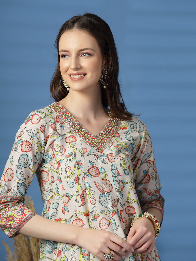 Women Beige Color Printed Anarkali Kurta