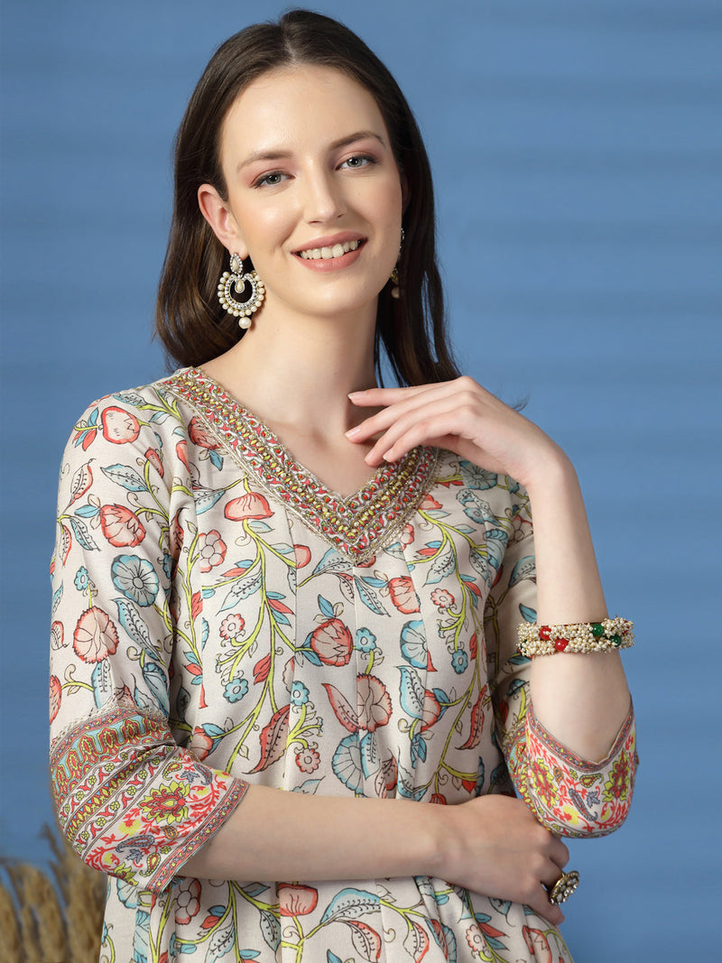 Women Beige Color Printed Anarkali Kurta