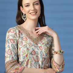 Women Beige Color Printed Anarkali Kurta