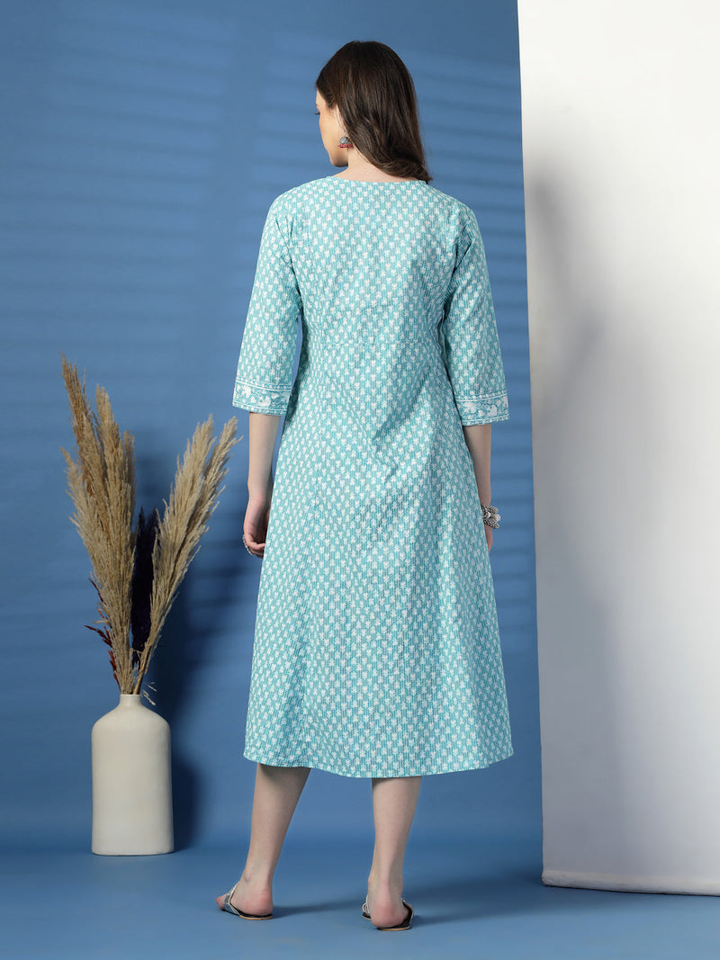 Women Sky Blue A-Line Dress with Handwork Detailing