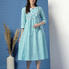Women Sky Blue A-Line Dress with Handwork Detailing
